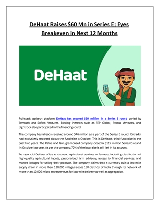 DeHaat raises $60 Mn in Series E; eyes breakeven in next 12 months,