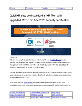 QuickHR sets gold standard in HR Tech with upgraded MTCS SS 584_2020 security certification,
